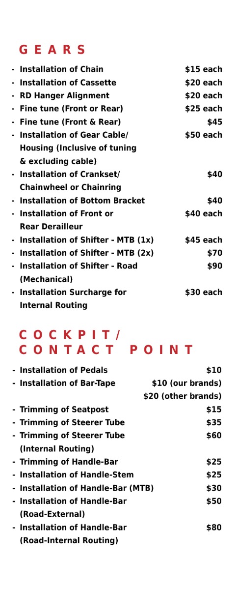 Bicycle Service/Repair Price List Bicycle Service/Repair Price List