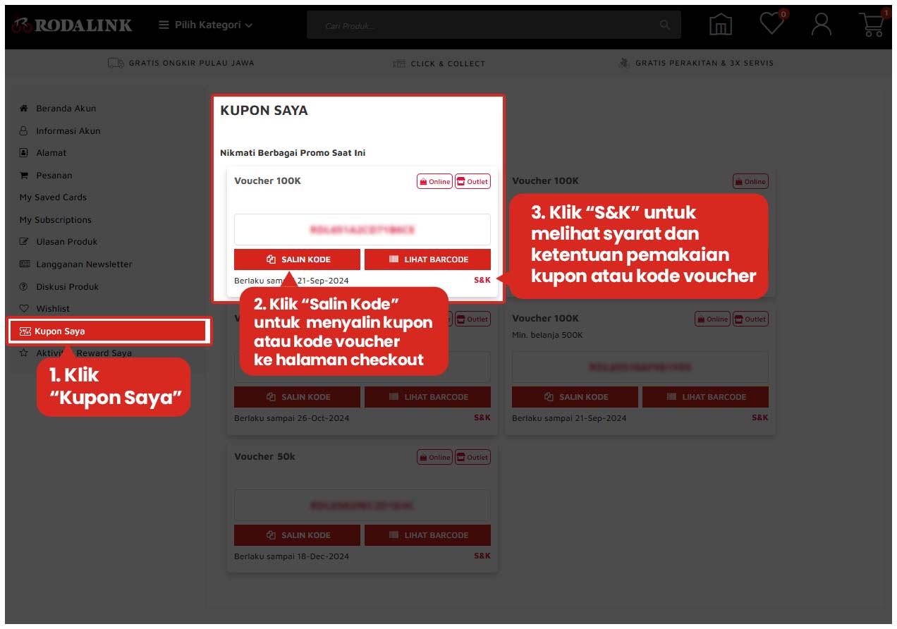 Cara melihat kupon atau kode voucher Rodalink Anda miliki Cara melihat kupon atau kode voucher Rodalink Anda miliki